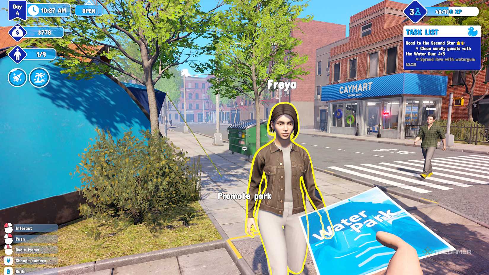 Distribute flyers in the water park simulator.