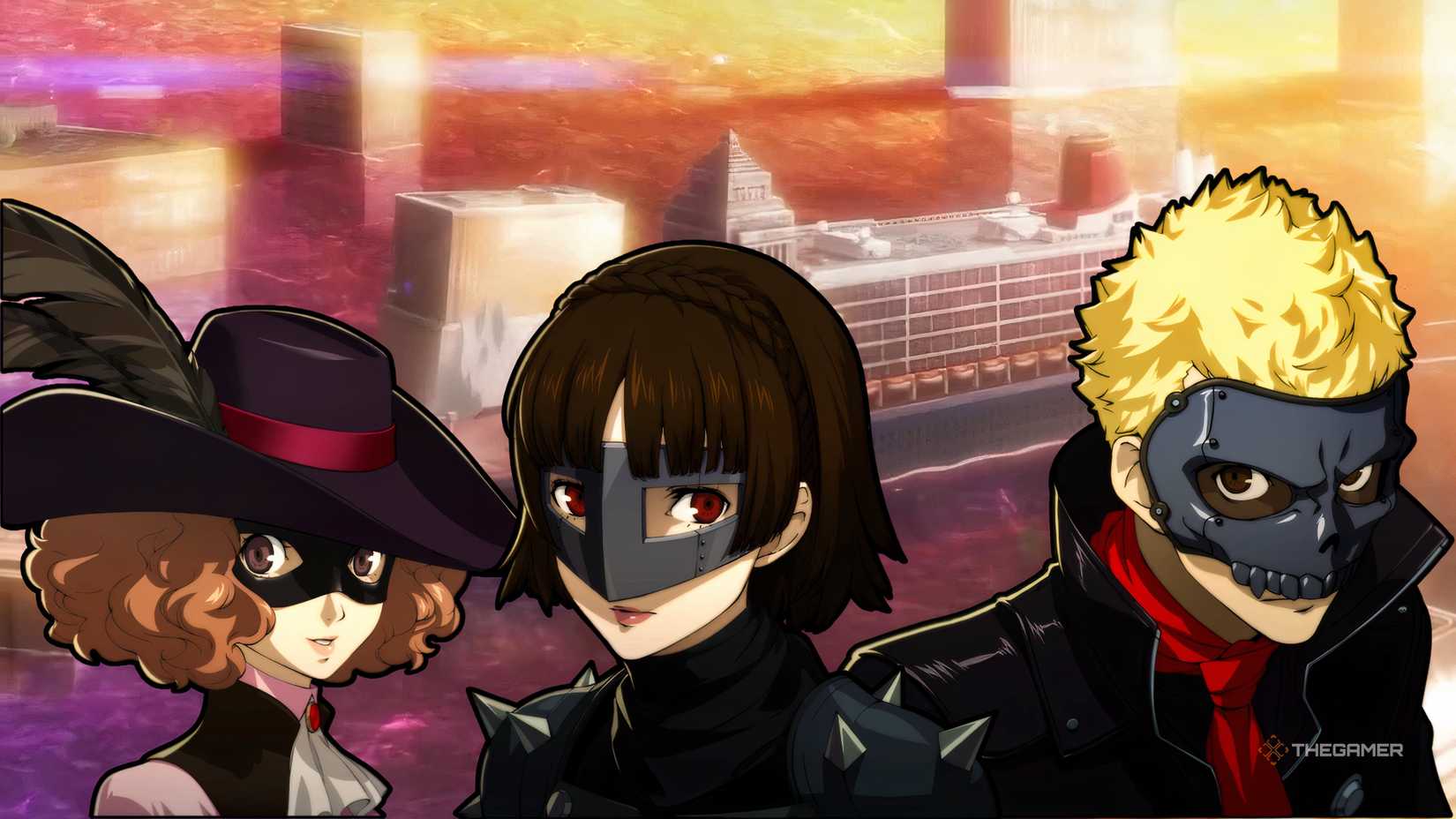 Haru, Makoto, and Ryuji in front of Shido's Cruiseliner Palace for the Persona 5 Royal Best Team for Each Palace guide.