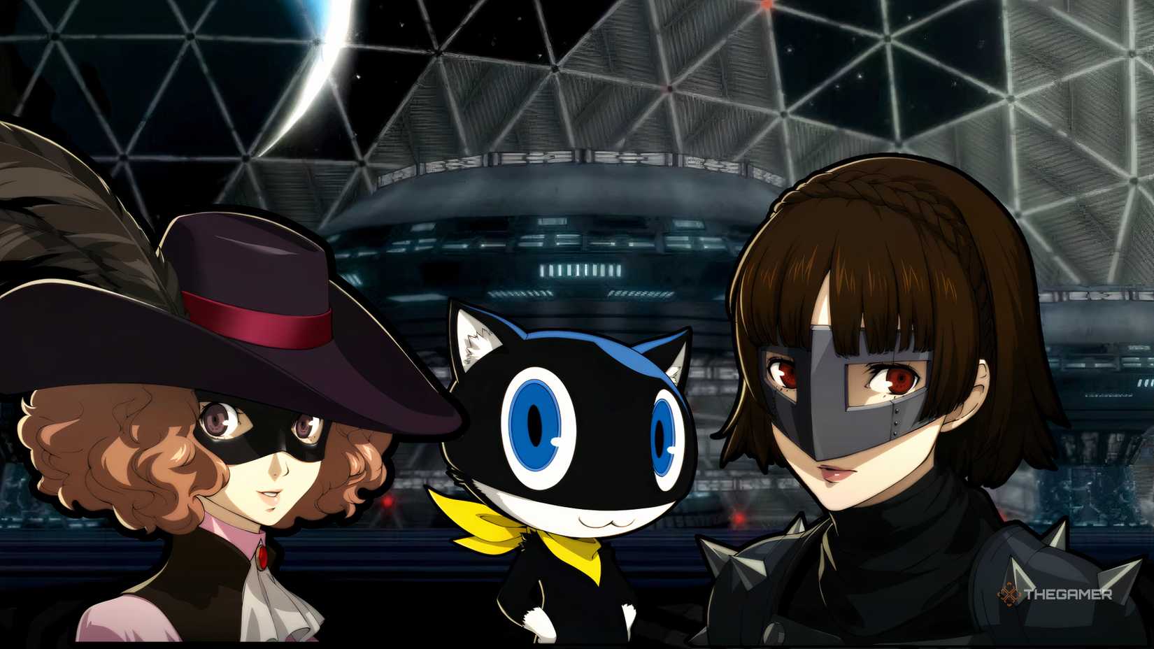 Haru, Morgana, and Makoto in front of Okumura's Spaceport Palace for the Persona 5 Royal Best Team for Each Palace guide.