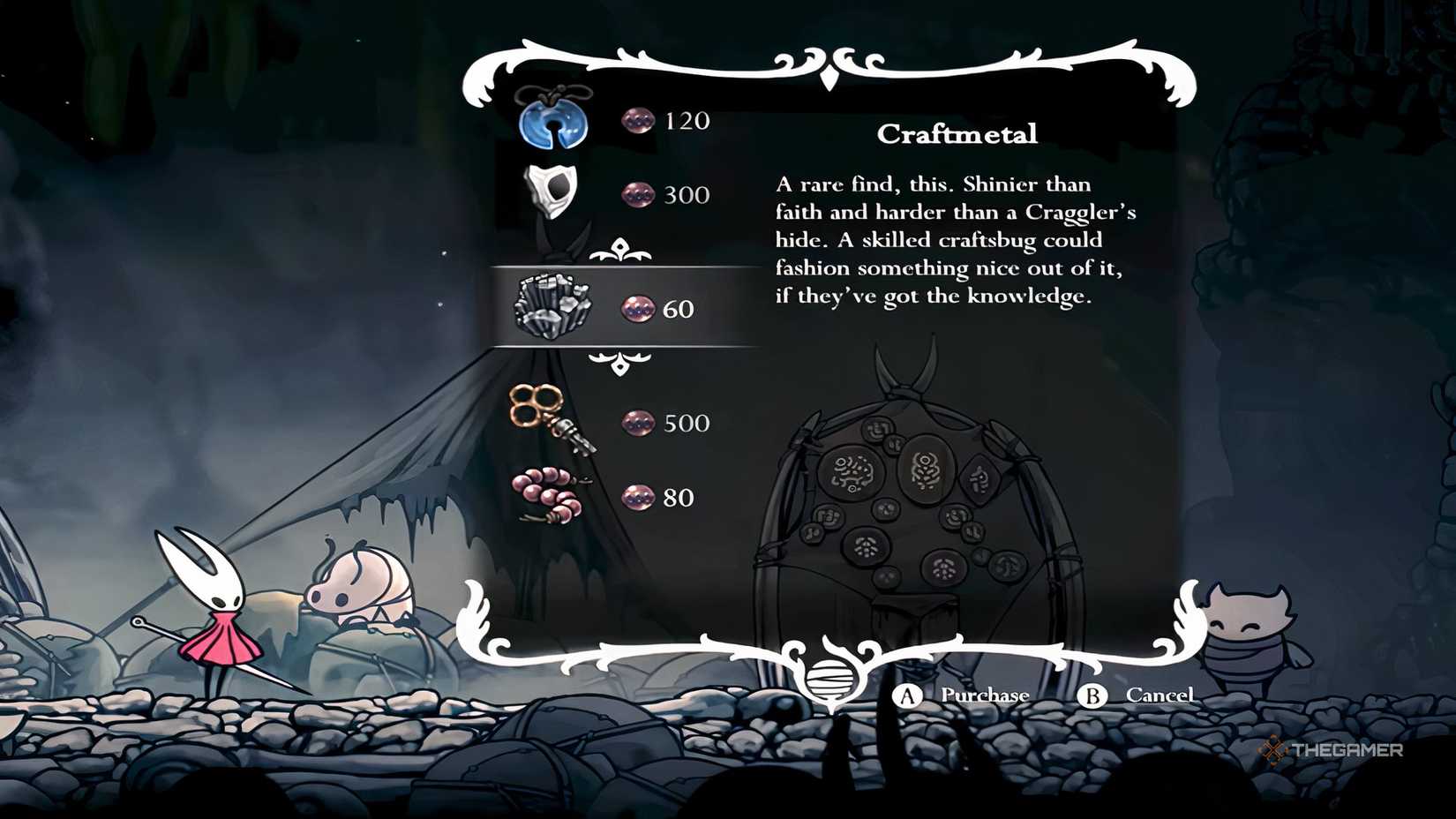 Hornet buys Craftmetal from a merchant in Hollow Knight: Silksong.