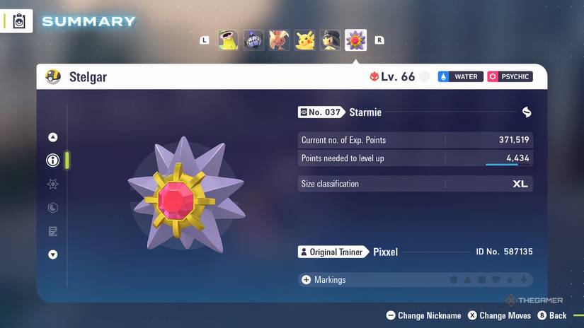 An overview of a Pokemon showing its Experience points in Pokemon Legends: Z-A.