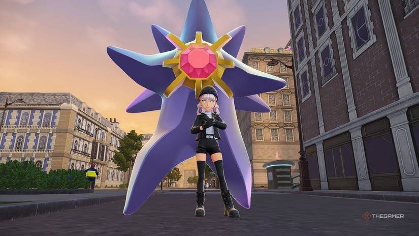 A trainer standing in front of Mega Starmy in Pokemon Legends: ZA.
