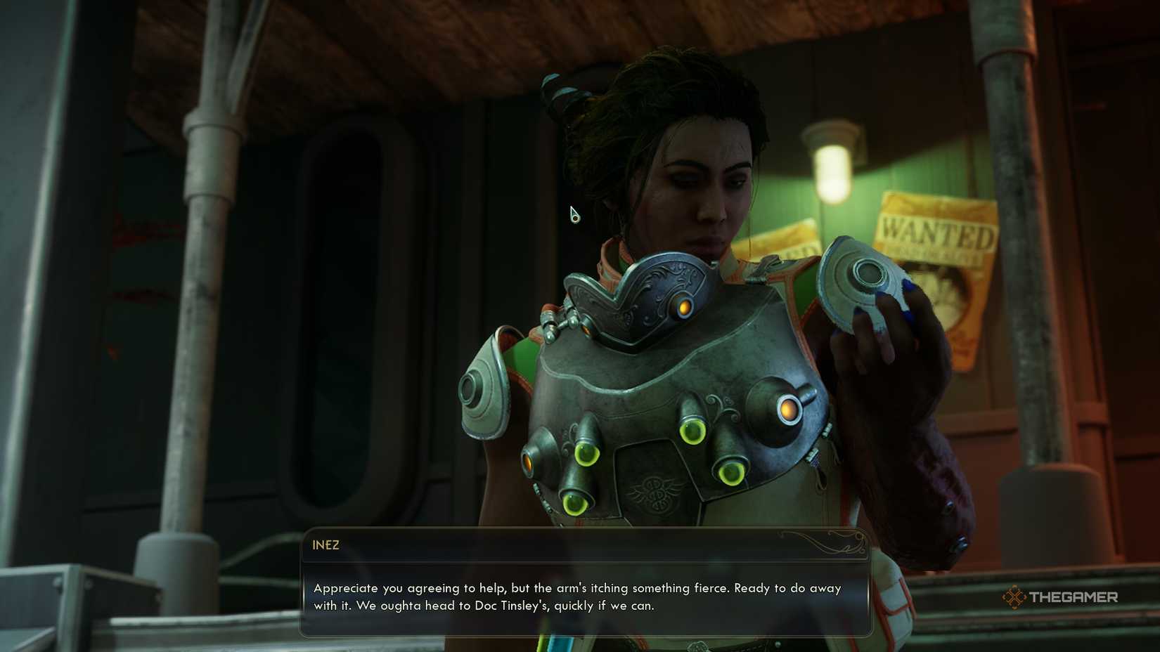 اینز در حال صحبت با بازیکن در The Outer Worlds 2 و درخواست کمک برای بازوی او