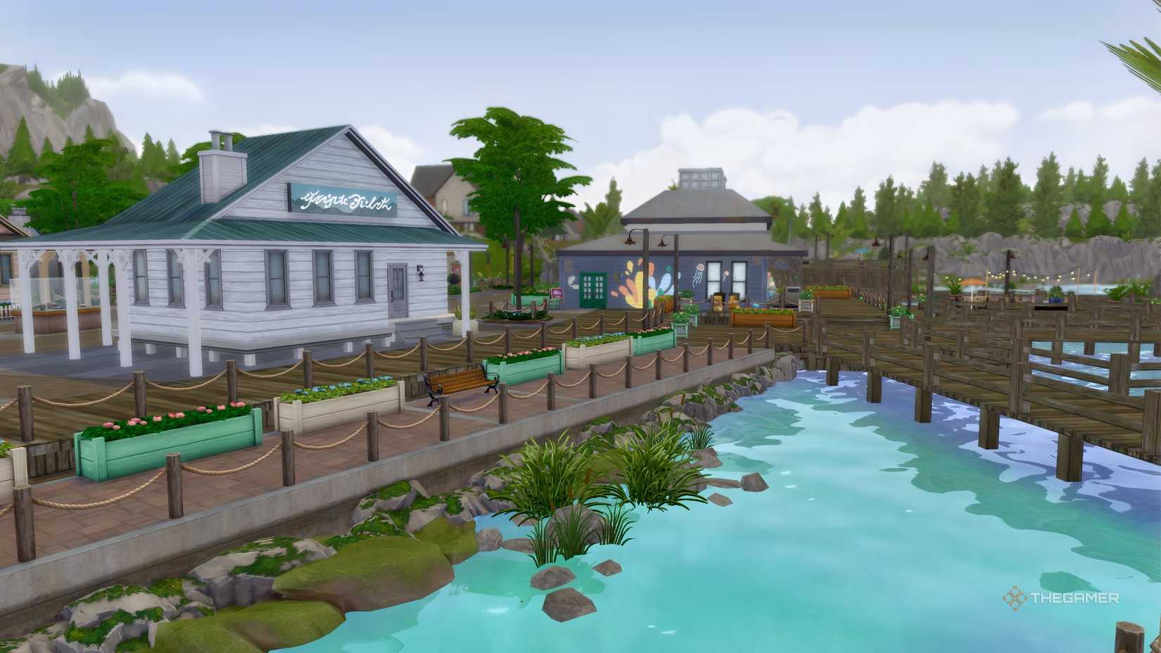 Jellyfish Junction town square and boardwalk in The Sims 4 Adventure Awaits.