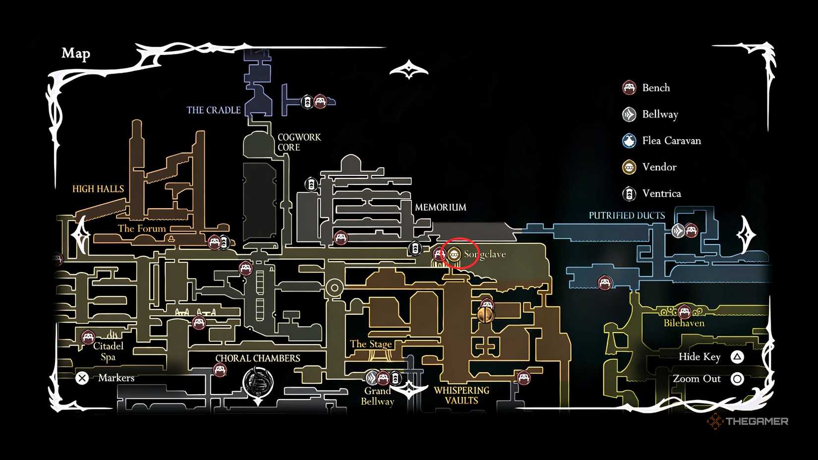 Hollow Knight: Jubilana's location on Silksong's map.