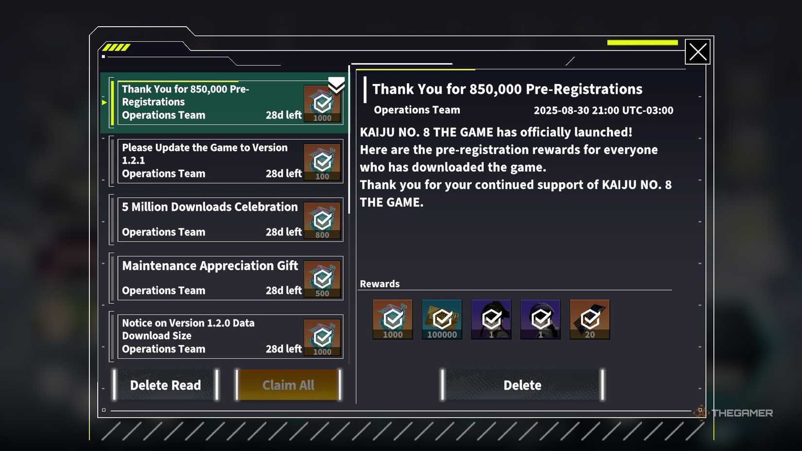 The message windows showing the alleged benefits of the first message in Kaiju No. 8 the game.
