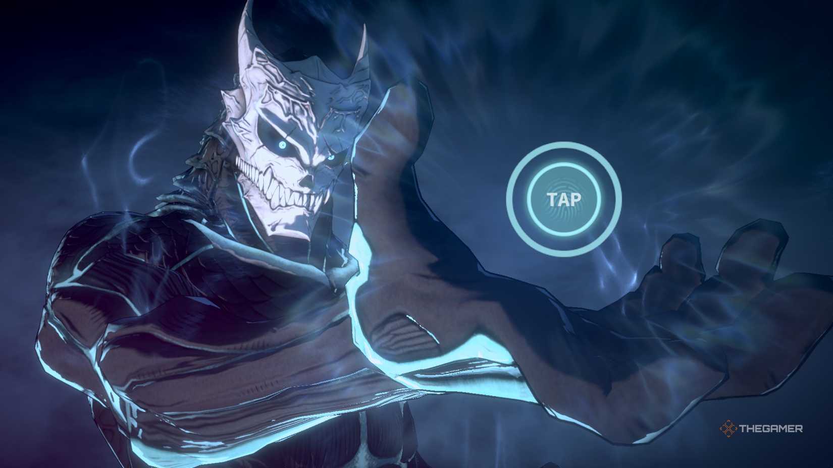 Kaiju No. 8 on the way to take one "Tap" Button with his right hand in Kaiju No. 8 the game.