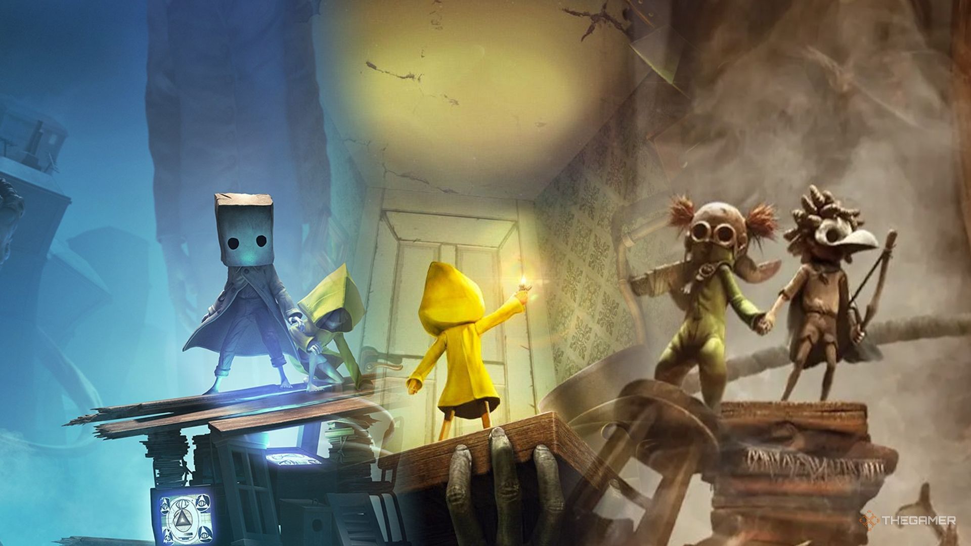 Little Nightmares 1 2 and 3 key art faded into each other.