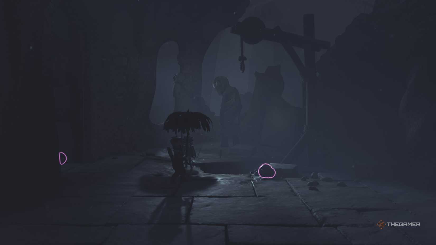 Low and Alone holding feather umbrellas next to a hole in Little Nightmares 3.
