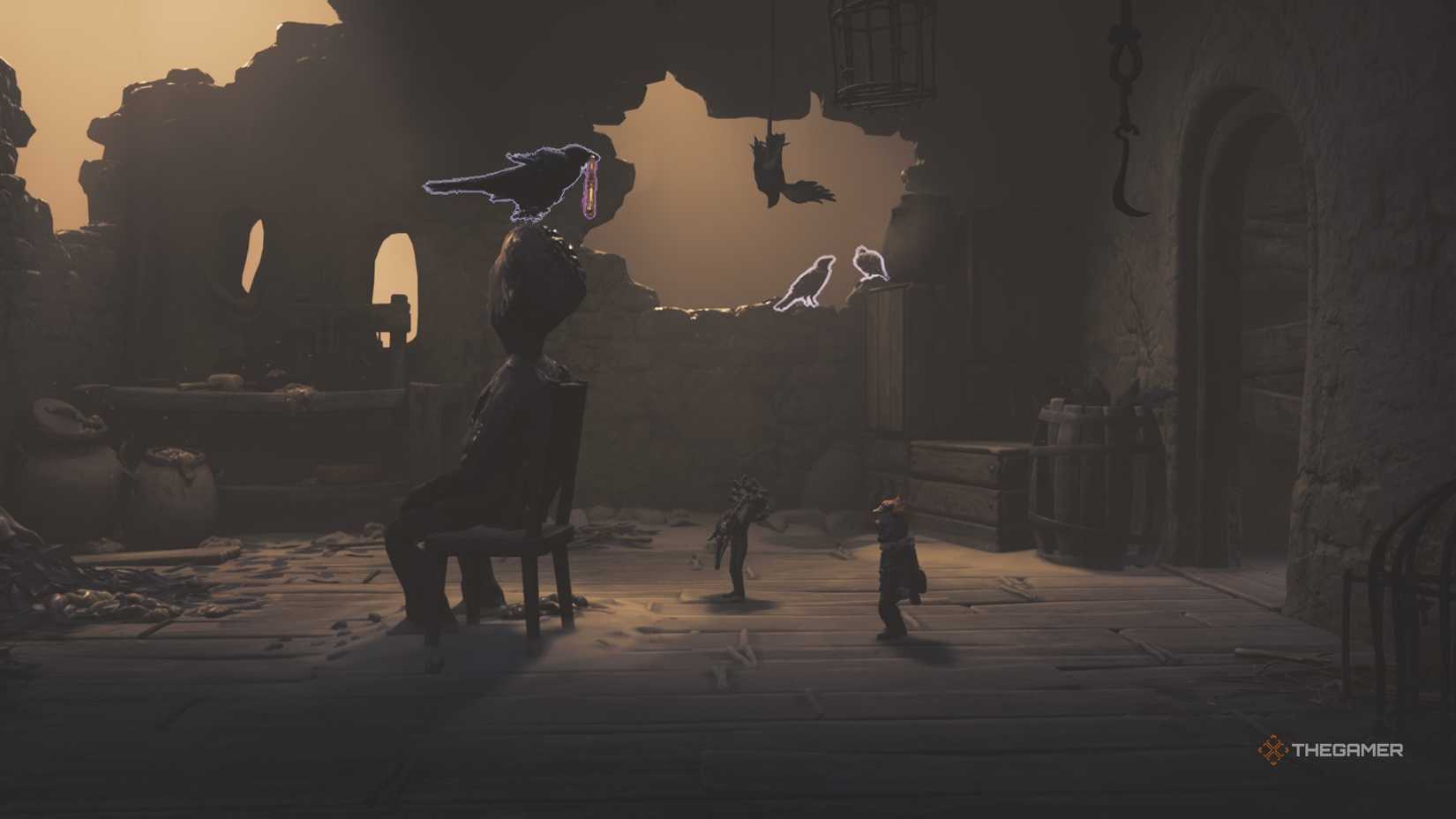 Low firing an arrow at a crow that's holding a key in Little Nightmares 3.