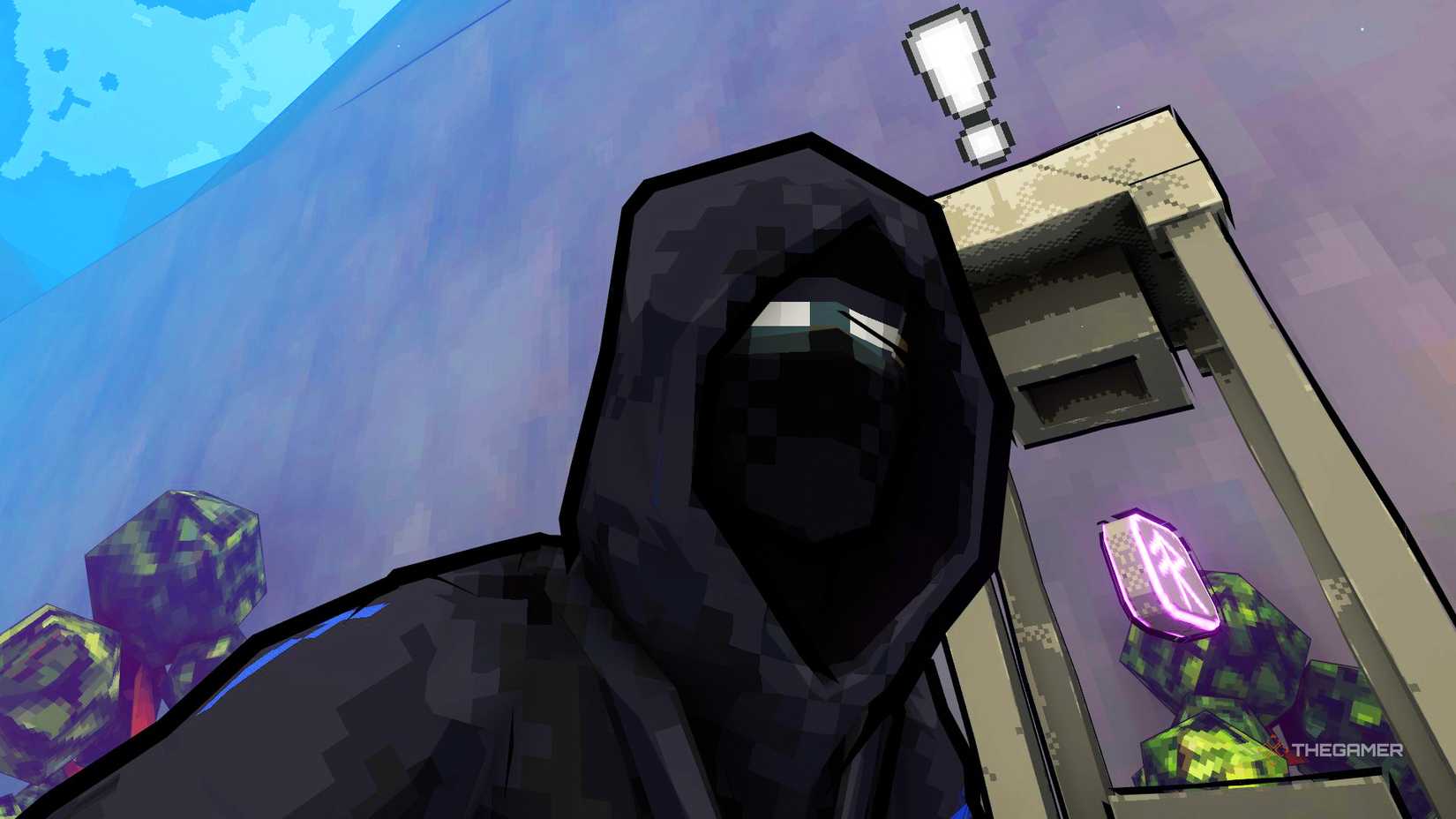 Megabonk ninja standing next to a pillar with an exclamation point above it.