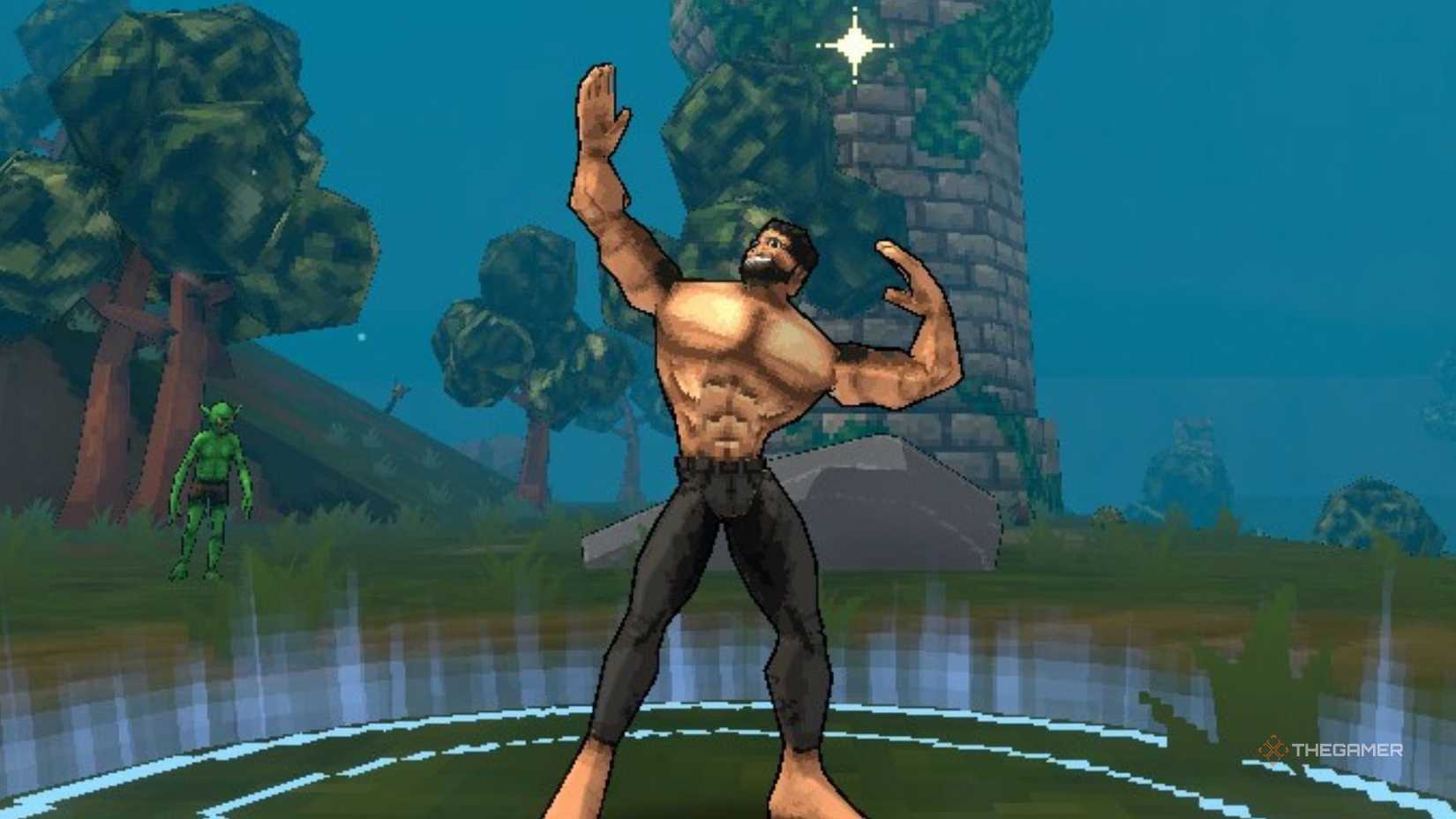 Megachad poses in the forest in Megabonk.