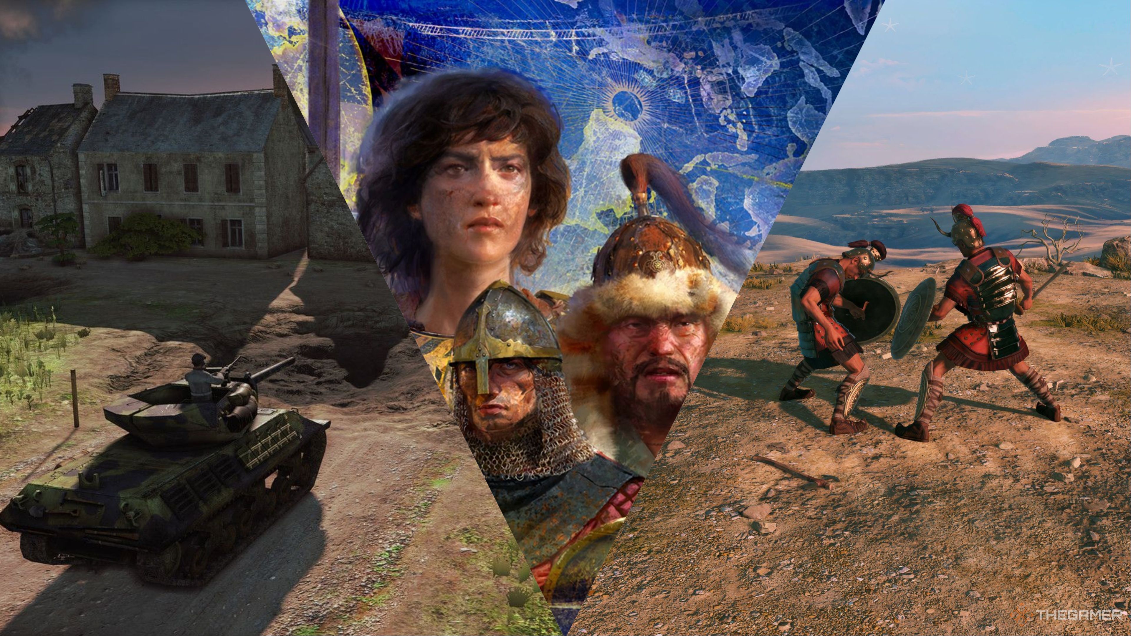 A tank in the steel division. key art for Age Of Empires 4 and two soldiers fighting in Total War: Pharaoh, from left to right.