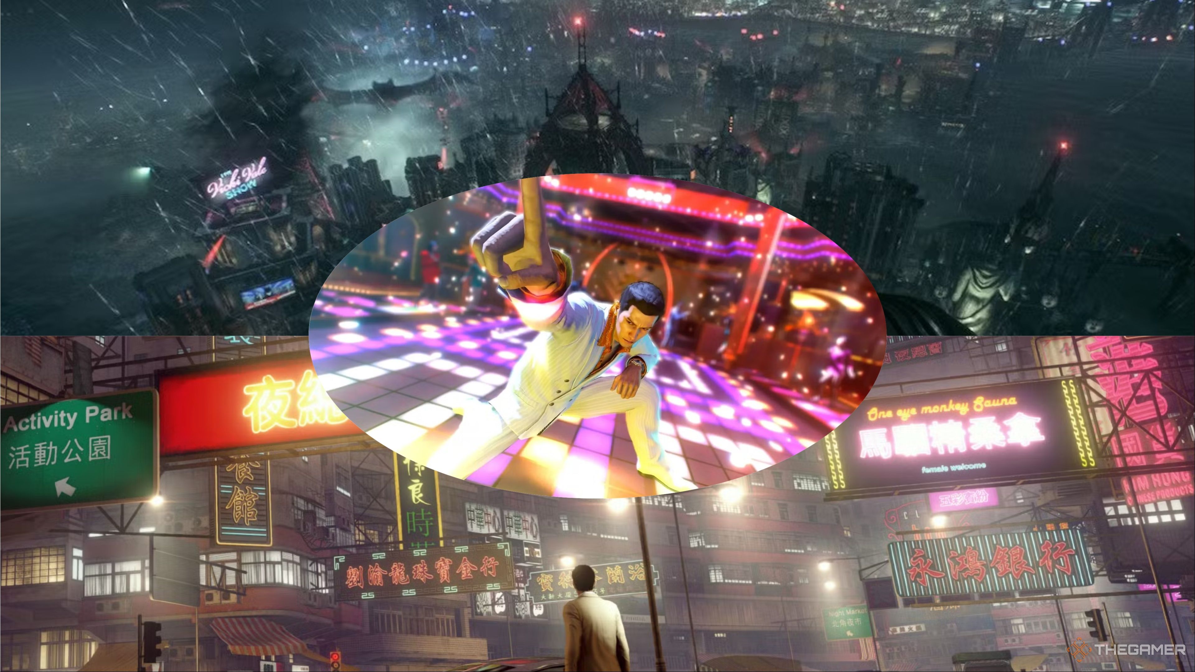 At the top is Gotham City from Batman Arkham Knight, at the bottom is Hong Kong City from Sleeping Dogs, and in the middle is Kiryu dancing from Yakuza 0.