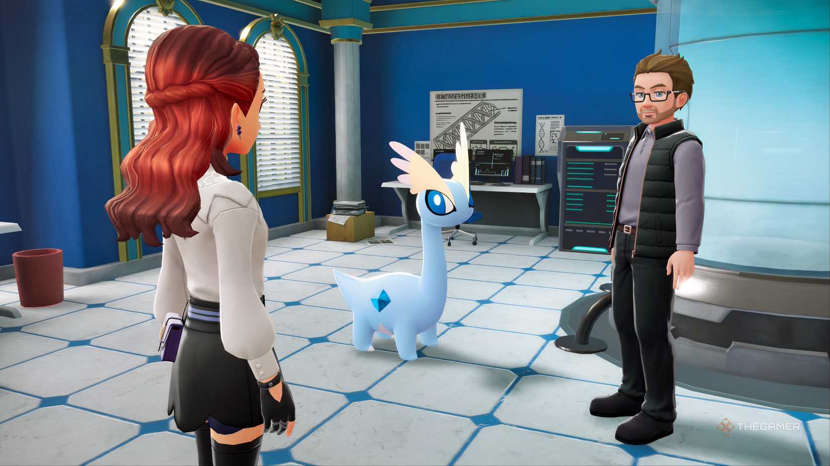 主角和研究员围坐在《宝可梦 传说：朱/紫》中刚刚修复的阿罗拉身边。