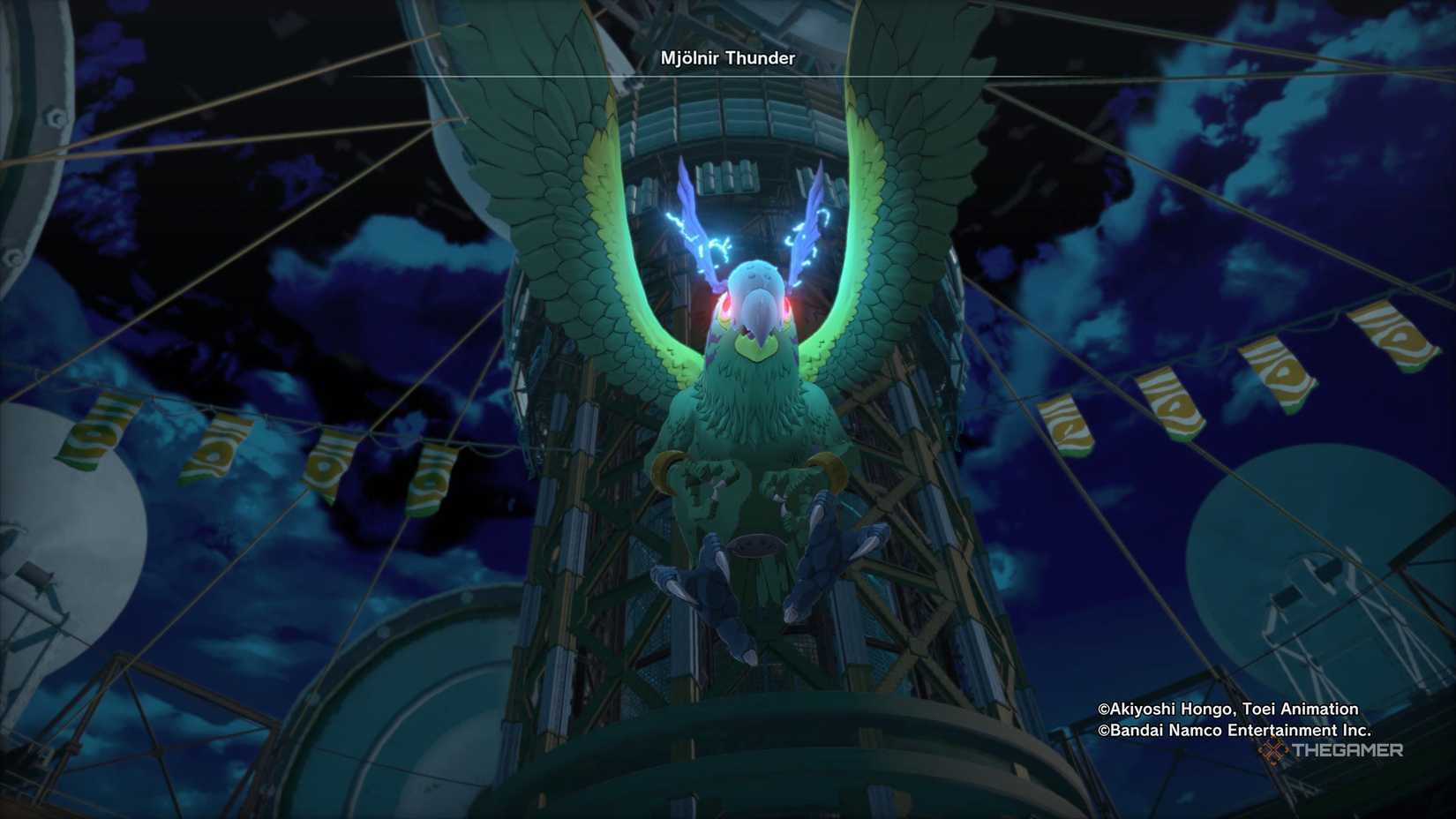 Parrotmon is casting Mjolnir Thunder in Digimon Story Time Stranger.