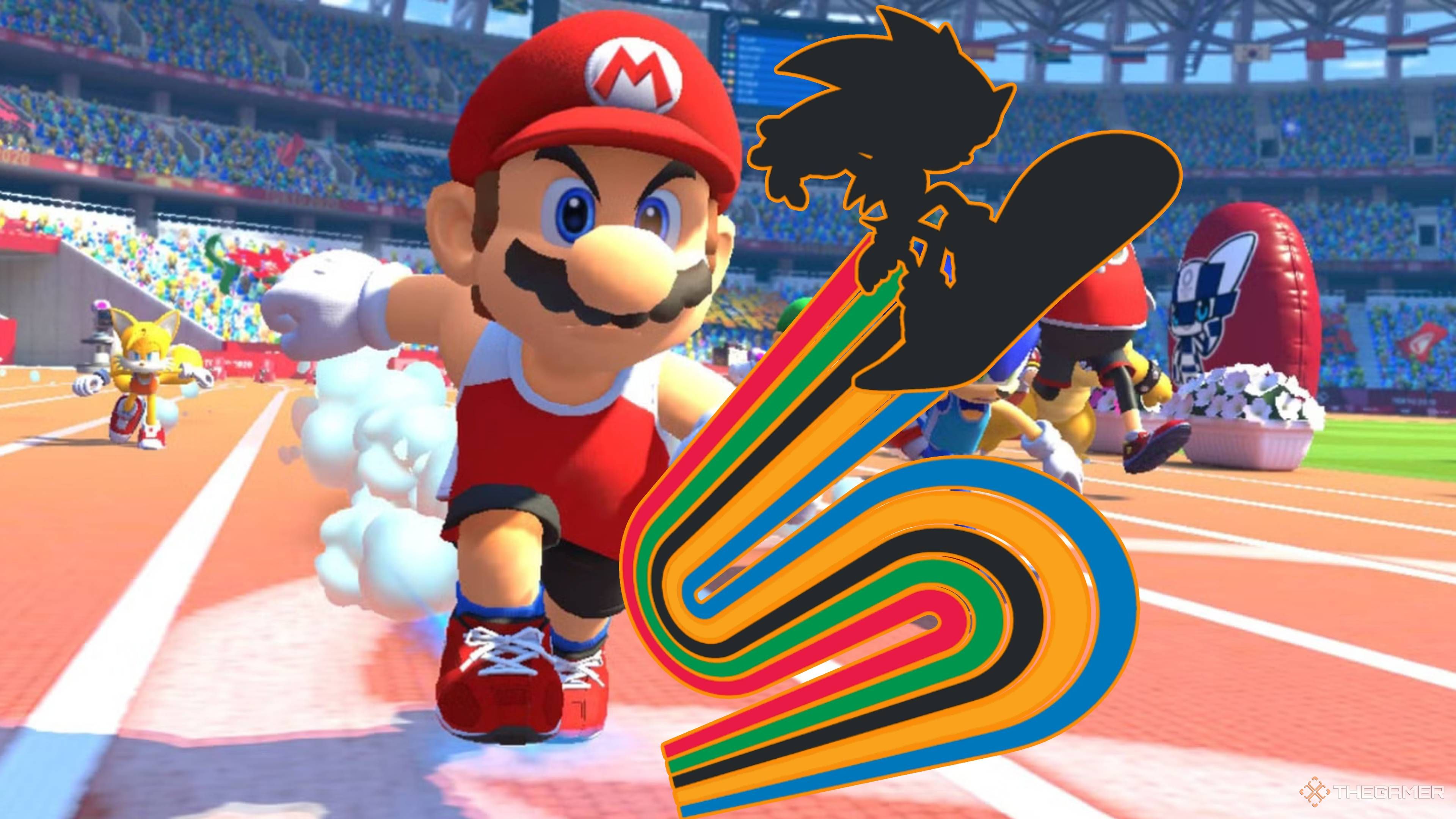 mario running alongside the sonic x olympics logo.