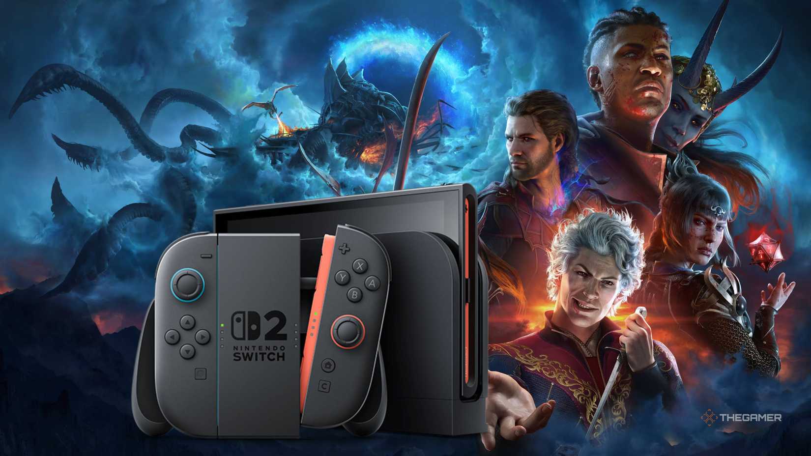There are three Baldur's Gate party members next to Switch 2.