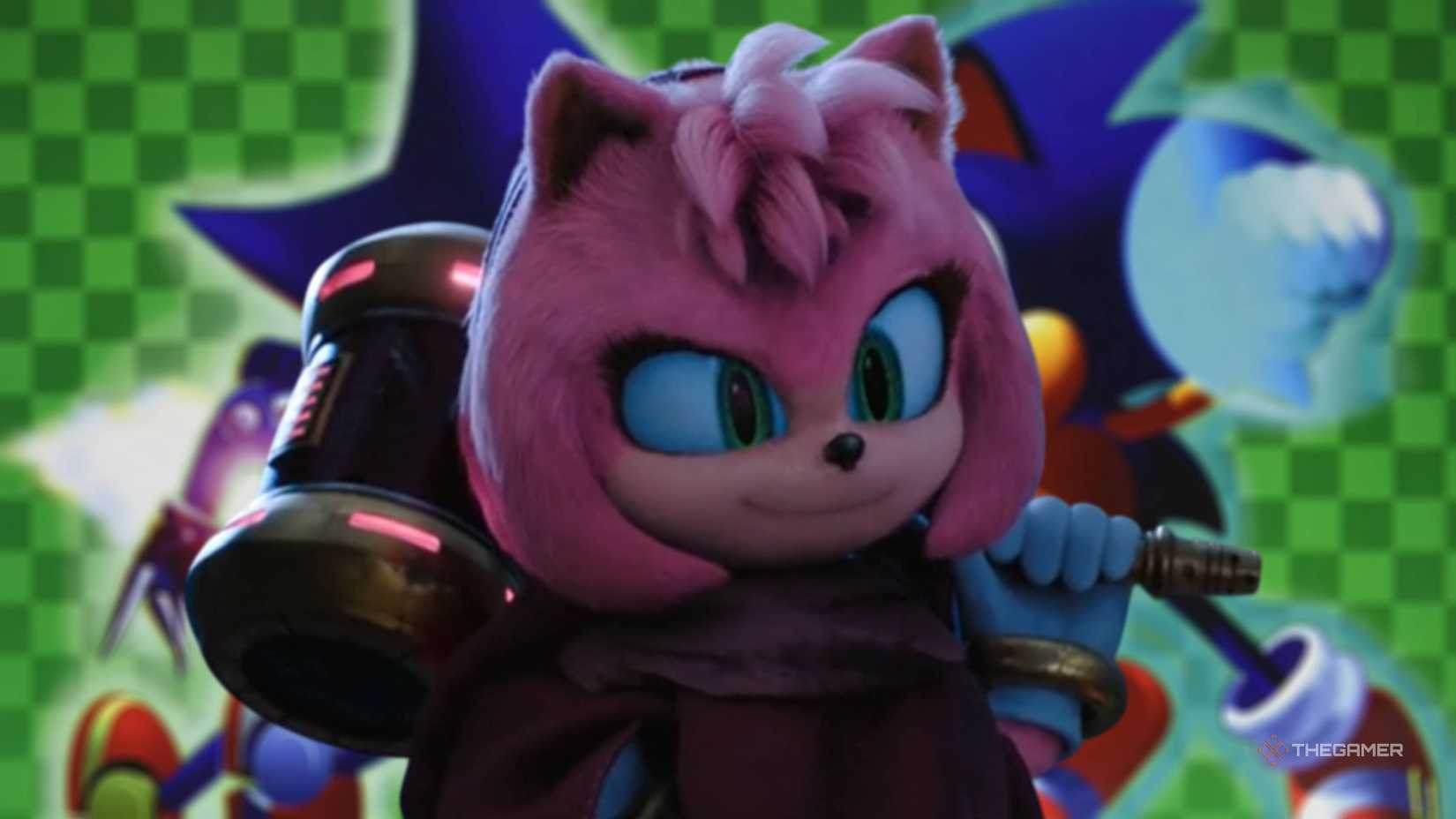 amy from sonic 3 standing in front of sonic and metal sonic on sonic cd.