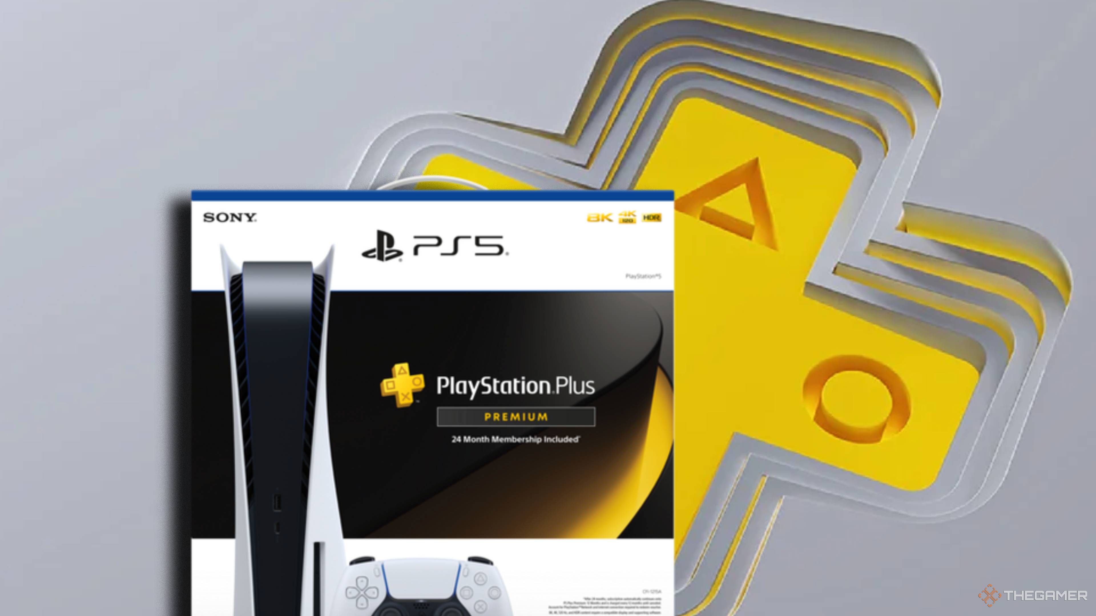 boxed ps5 in front of a ps plus logo.