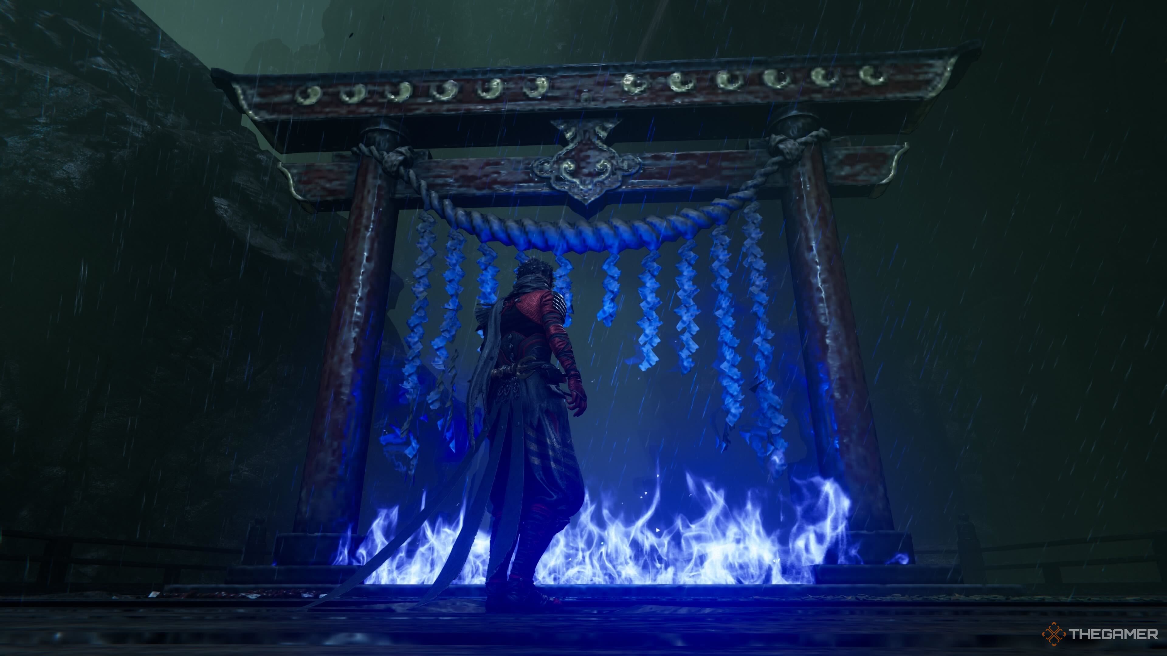 Yakumo standing in front of a Purgatory gate in Ninja Gaiden 4.