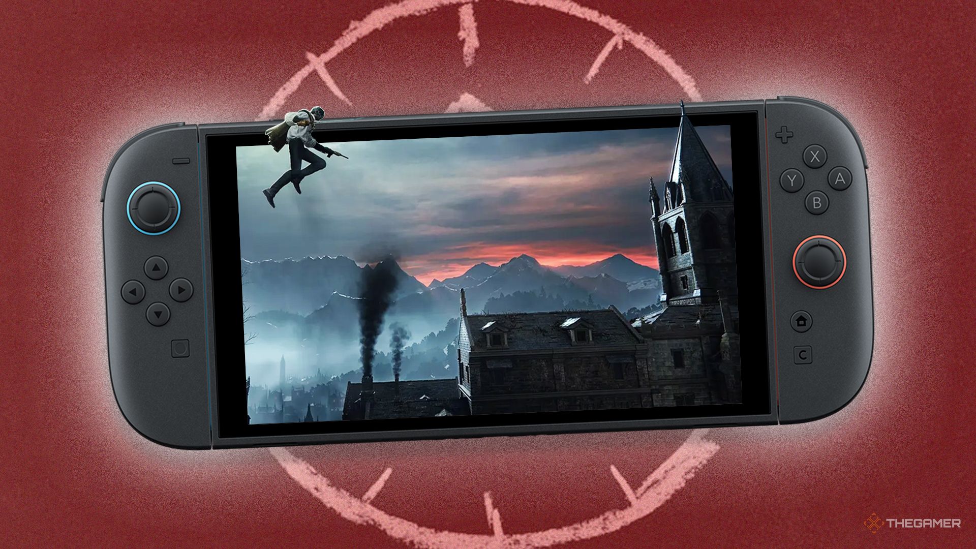 Duskbloods screenshot on screen and Nintendo Switch 2 with red background.