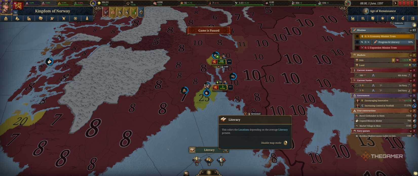 Norway with the Literacy map mod for Europa Universalis 5.
