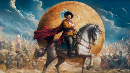 Official art used by Europa Universalis 5 depicting a man on a horse in front of a sepia-toned globe.