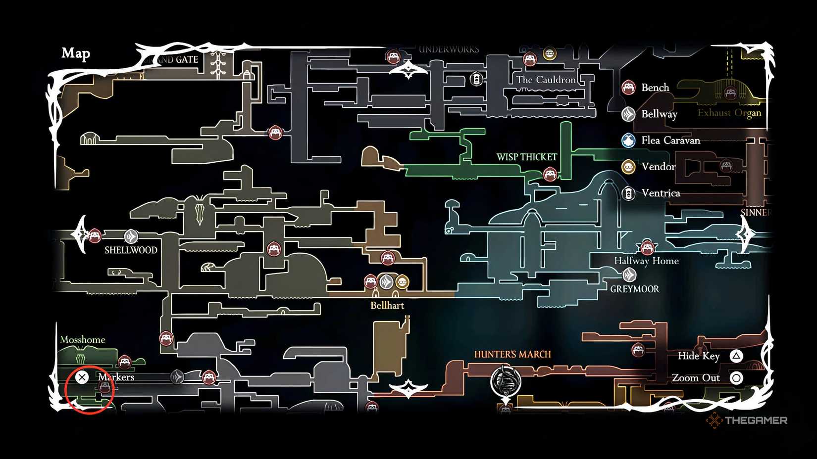 Hollow Knight: Pebbs' location on Silksong's map.