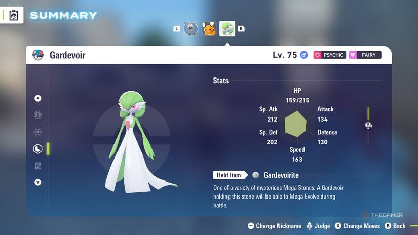 Gardevoir's stats in the menu of Pokemon Legends: Z-A.