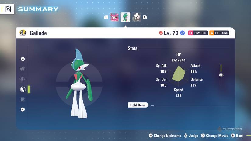 Gallade's stats in the menu of Pokemon Legends: Z-A.