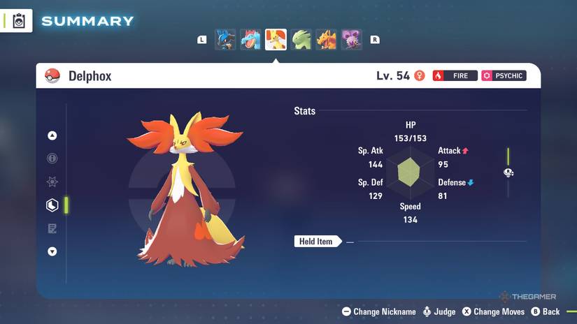 Delphox's stats in the Summary Menu of Pokemon Legends: Z-A.