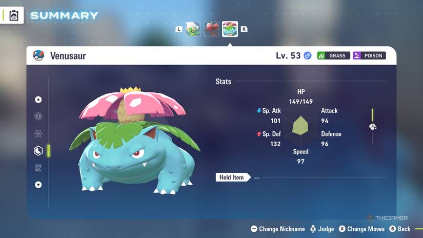 Venusaur's stats in the menu of Pokemon Legends: Z-A.