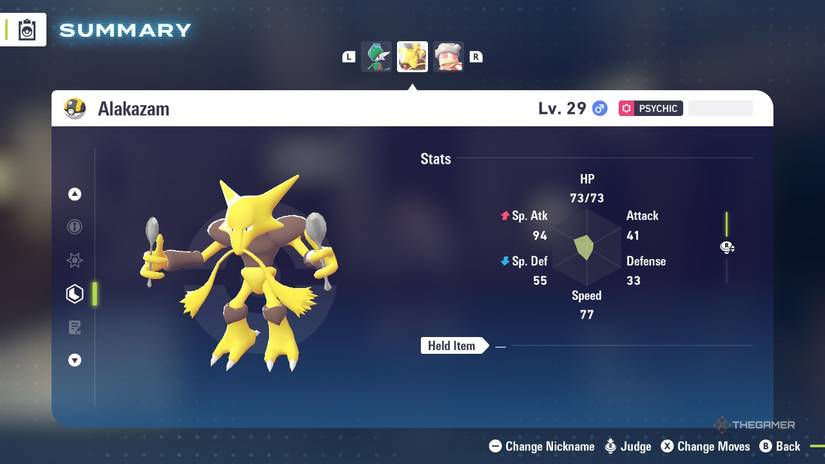 Alakazam's stats in the menu of Pokemon Legends: Z-A.