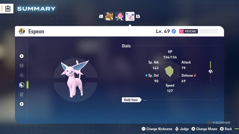 Espeon's stats in the menu of Pokemon Legends: Z-A.