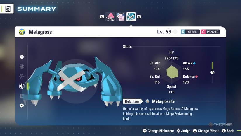 Metagross's stats in the menu of Pokemon Legends: Z-A.