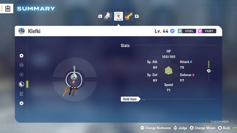 Best Steel Pokemon Klefki's stats in the menu of Pokemon Legends: Z-A.