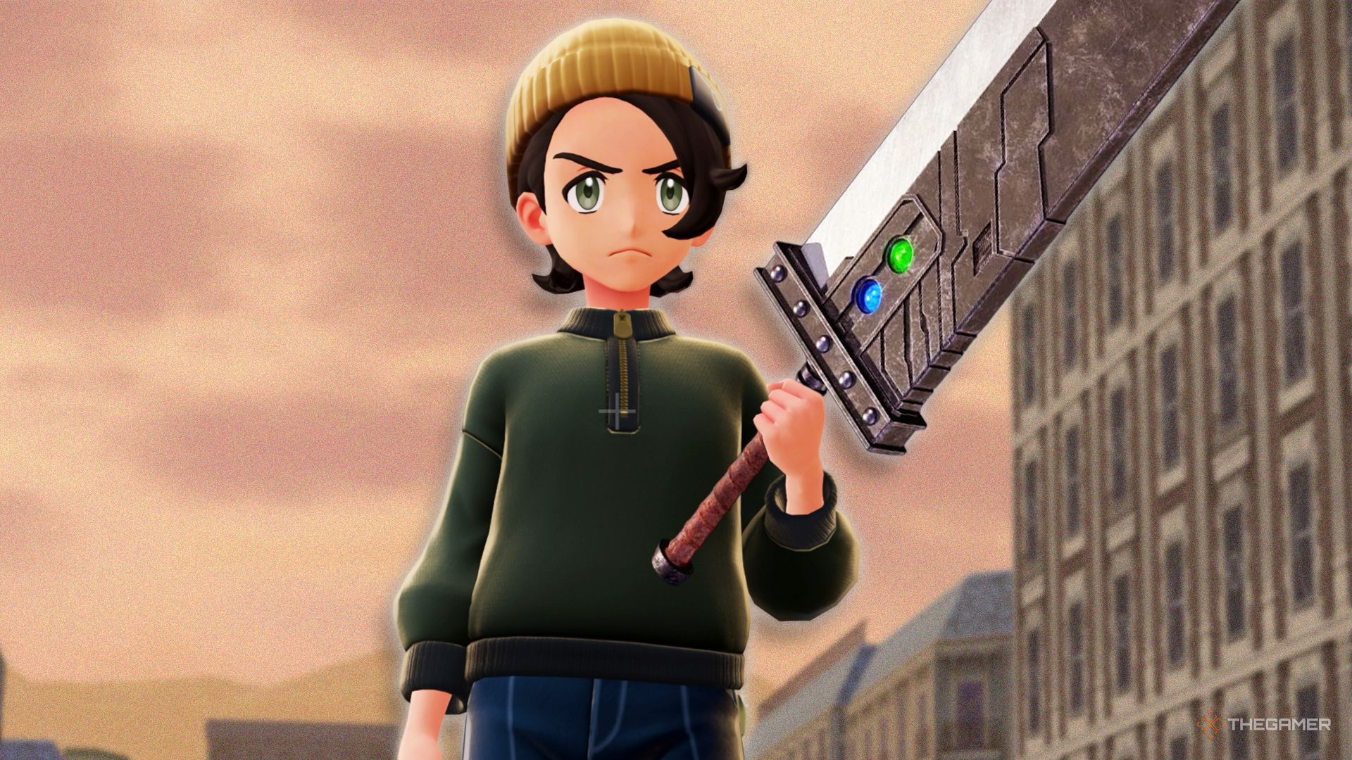 Pokemon Legends Z-A Character holding clouds buster sword from ff7.