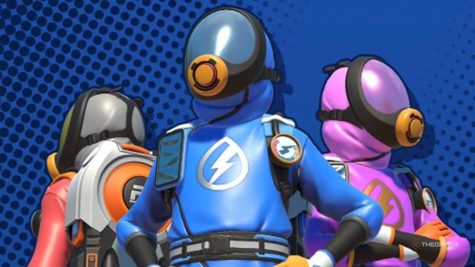 powerwashers pose wearing red, blue, and pink outfits in powerwash simualtor 2.