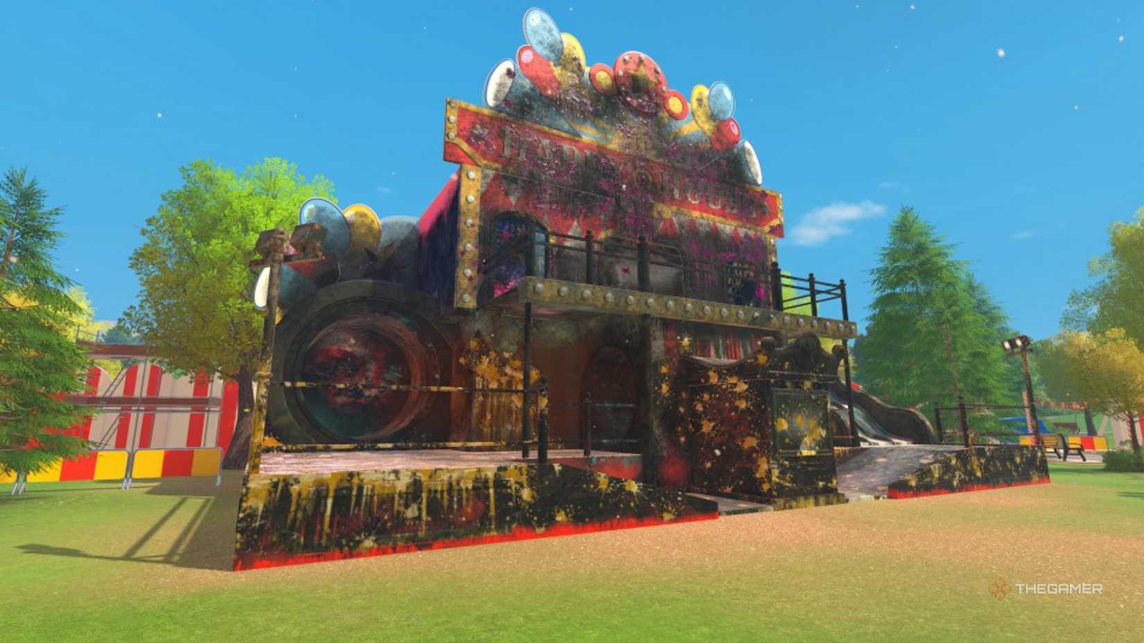 the exterior facade of the fun house is covered in dirt in powerwash simulator 2.