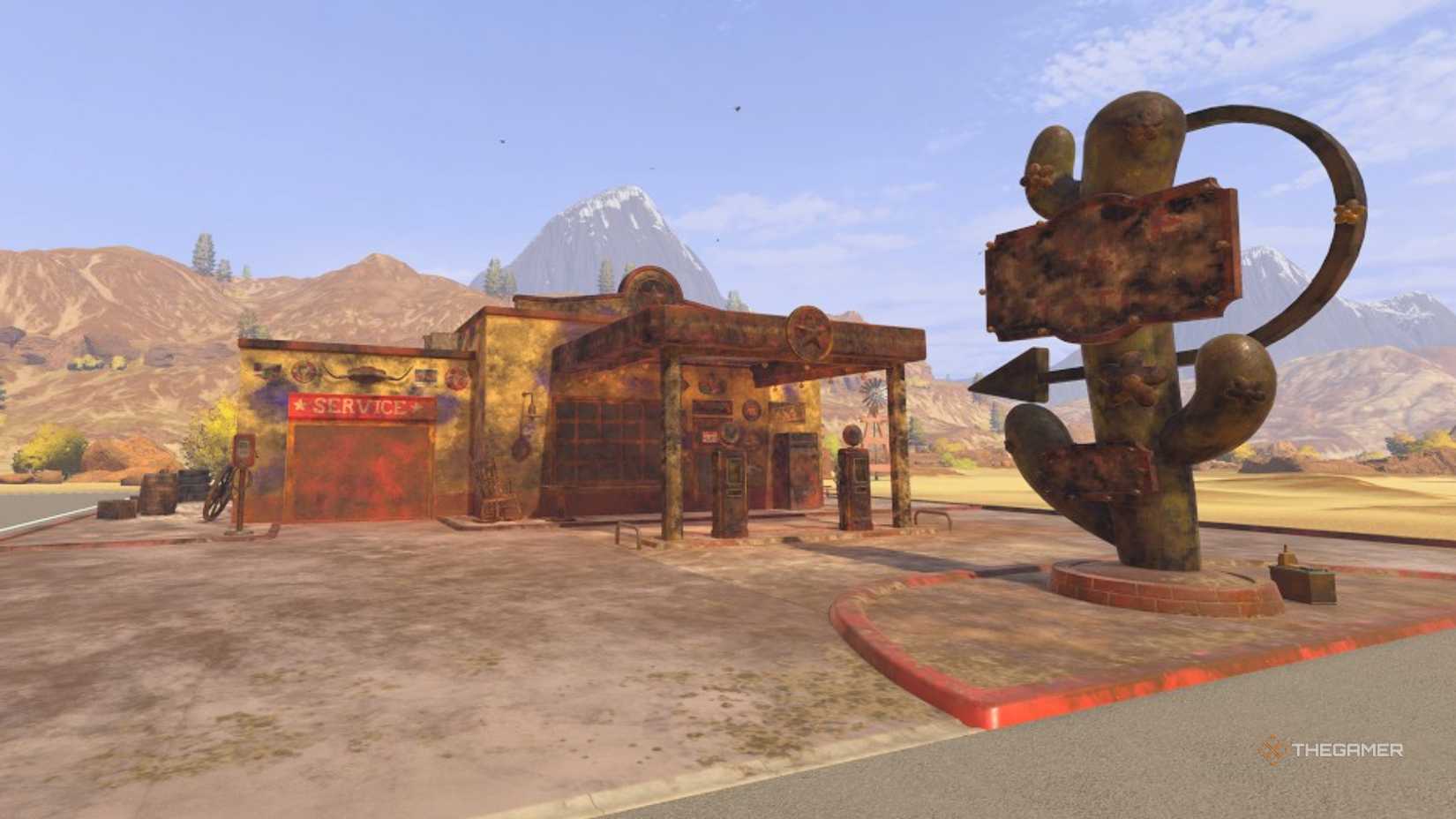 a dirty gas station and cactus-shaped sign wait to be cleaned in powerwash simulator 2.