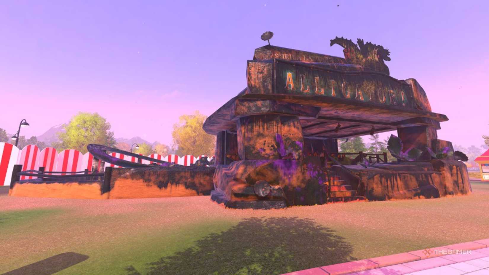 an alligator-themed roller cosater is covered in dirt and grime in powerwash simulator 2.