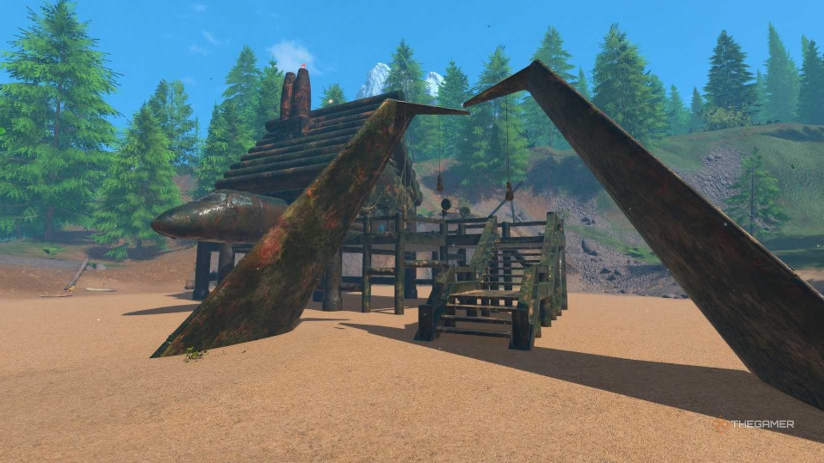 a raised wooden cabin stands in the woods with airplane parts integrated into its frame in powerwash simulator 2.