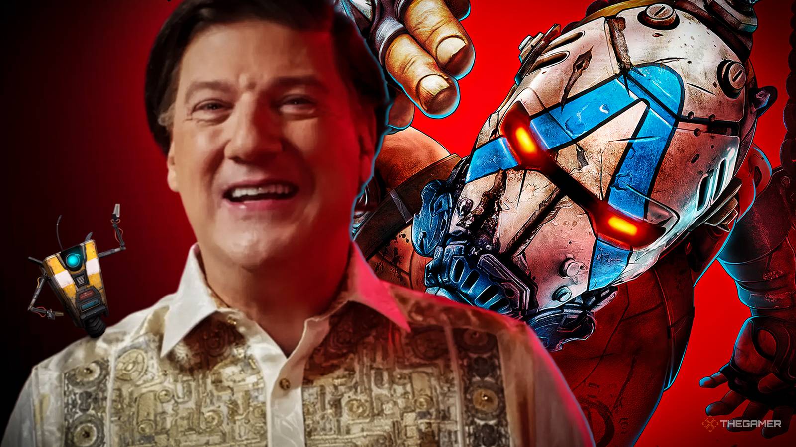 Randy Pitchford with Clap-Trap on his shoulder in front of the Borderlands 4 key art.