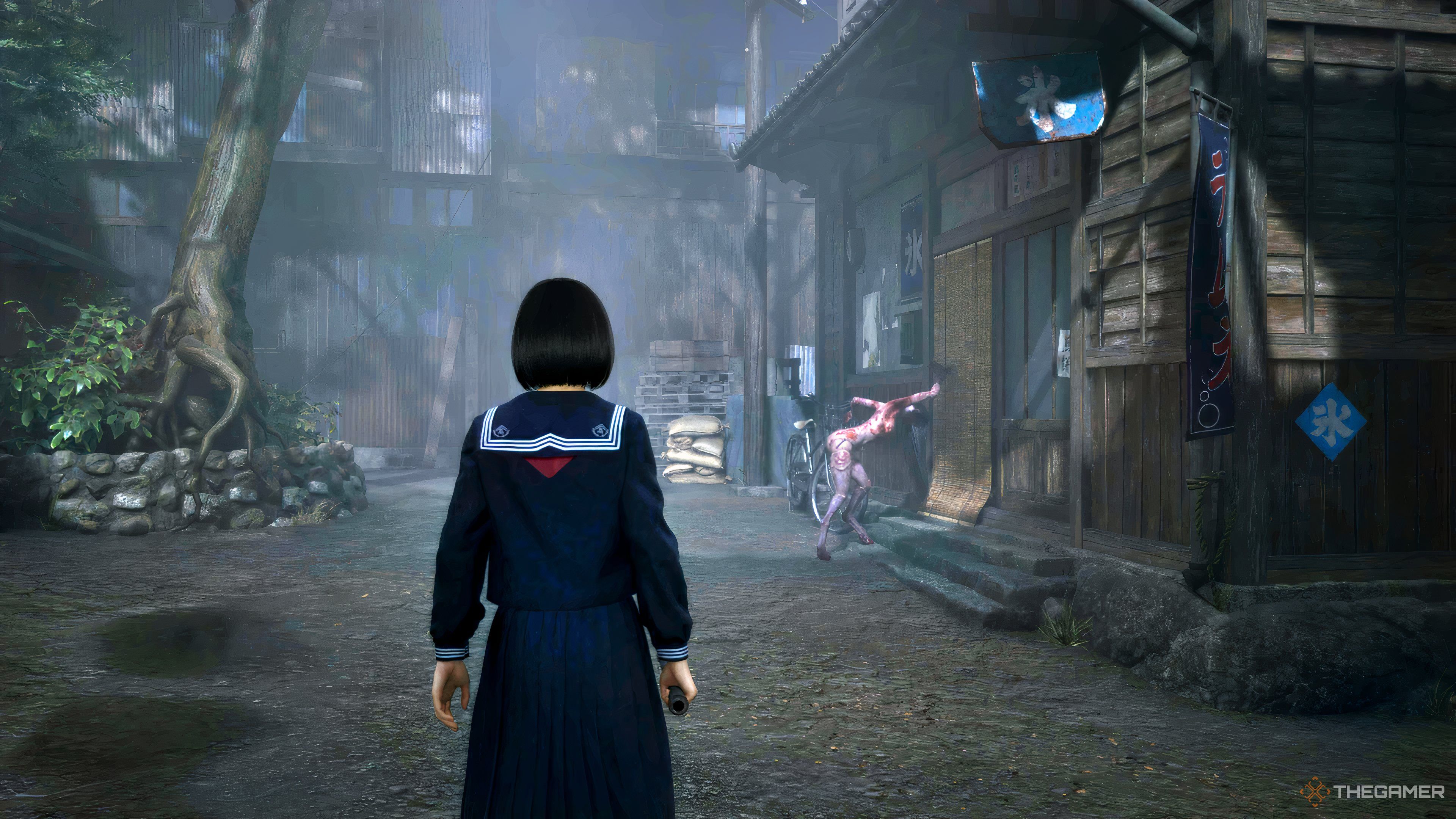 The protagonist looking at a creature stabbing the door of a house in Silent Hill f.