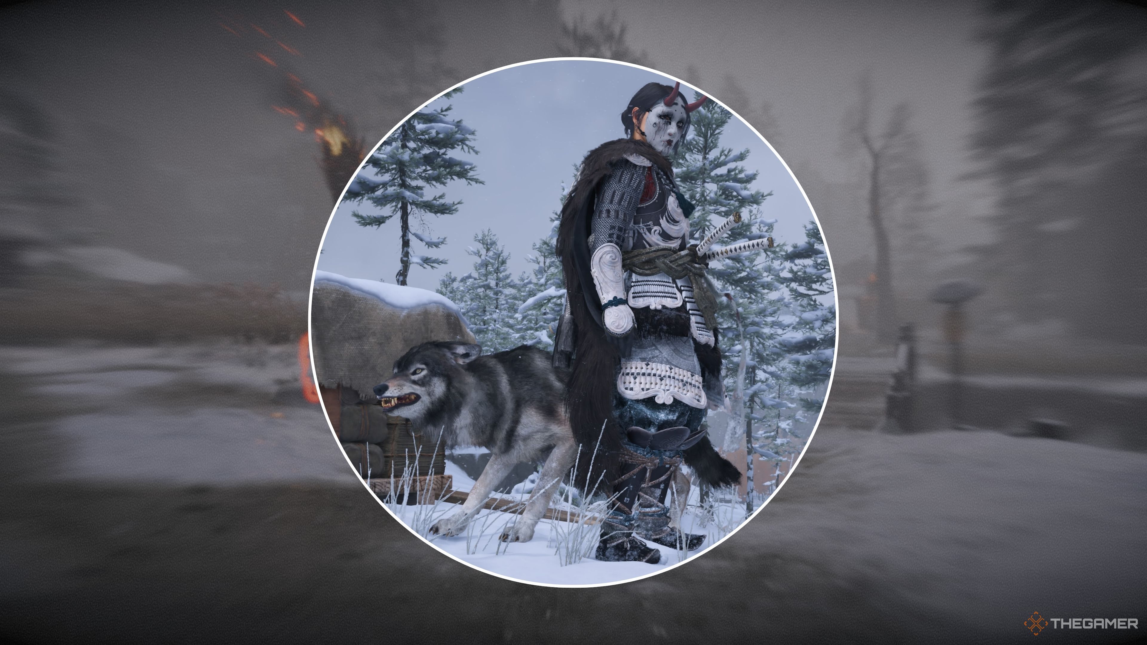 Atsu and her wolf, with an enemy camp in the background, from Ghost Of Yotei.