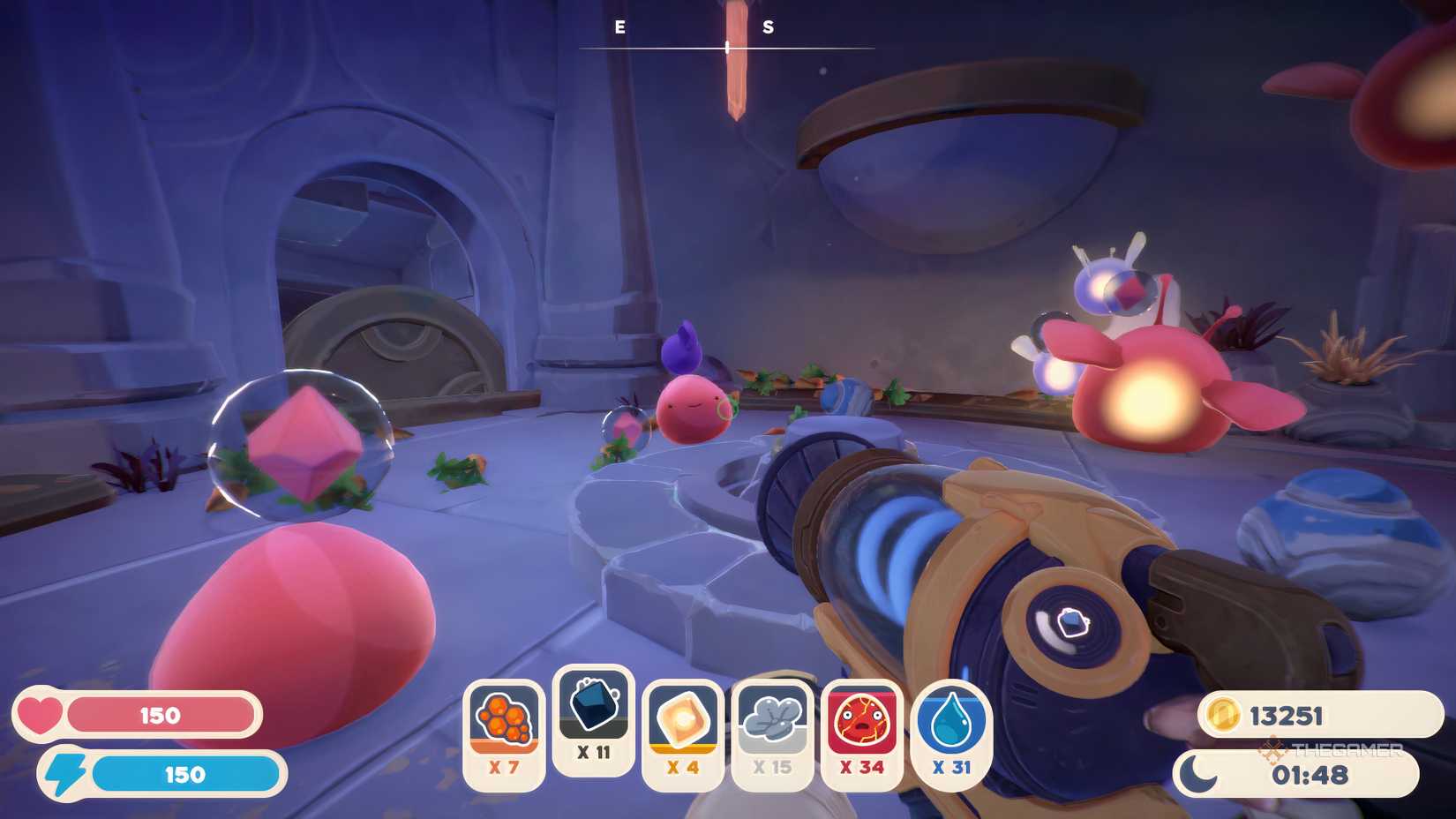 Slime Rancher 2 A bunch of pink slimes in the grey labyrinth.