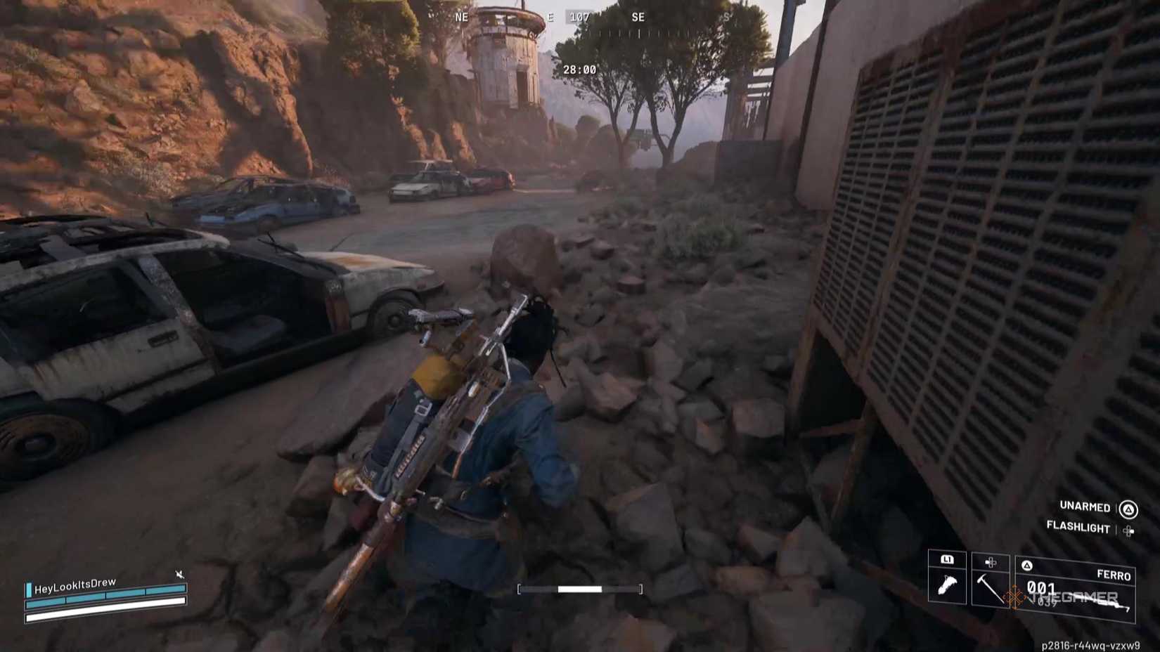 Sprinting by a car husk in Arc Raiders.