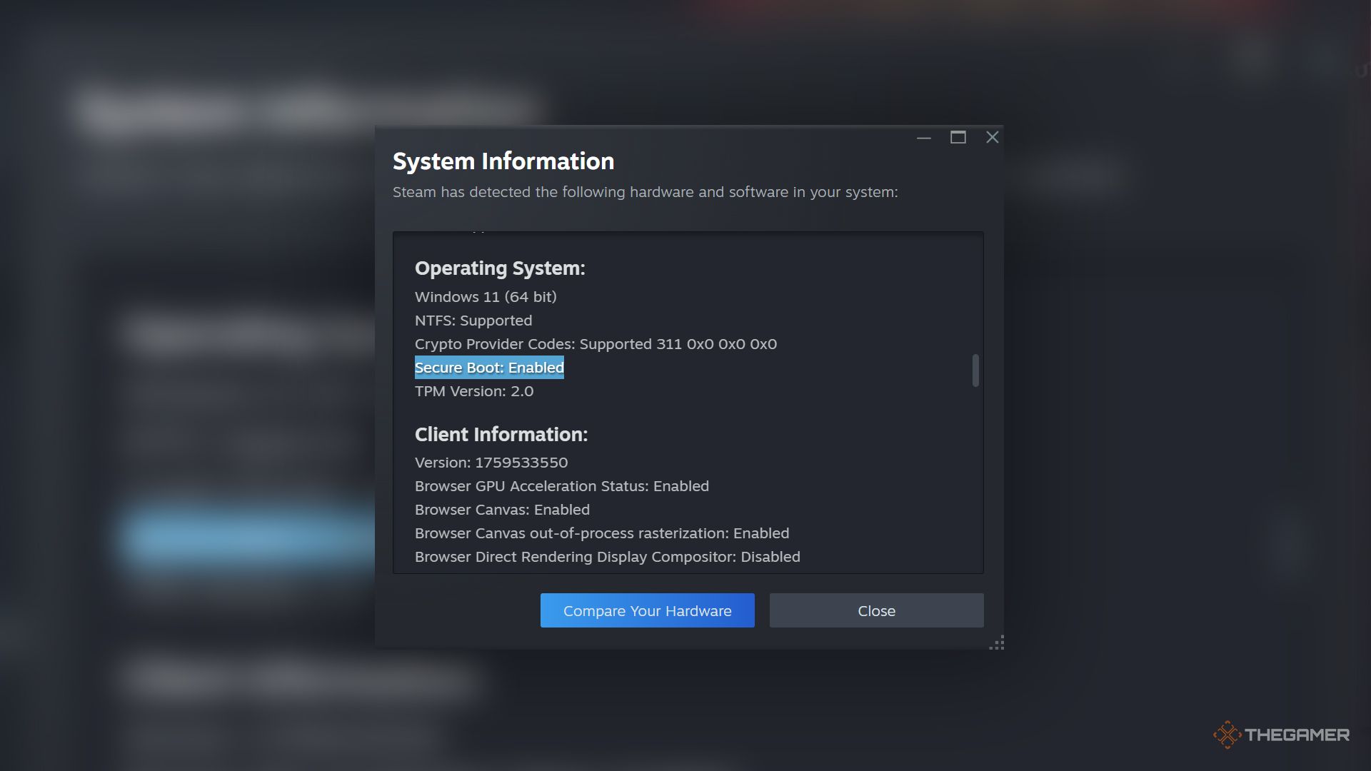 Steam system information showing that Secure Boot is enabled.
