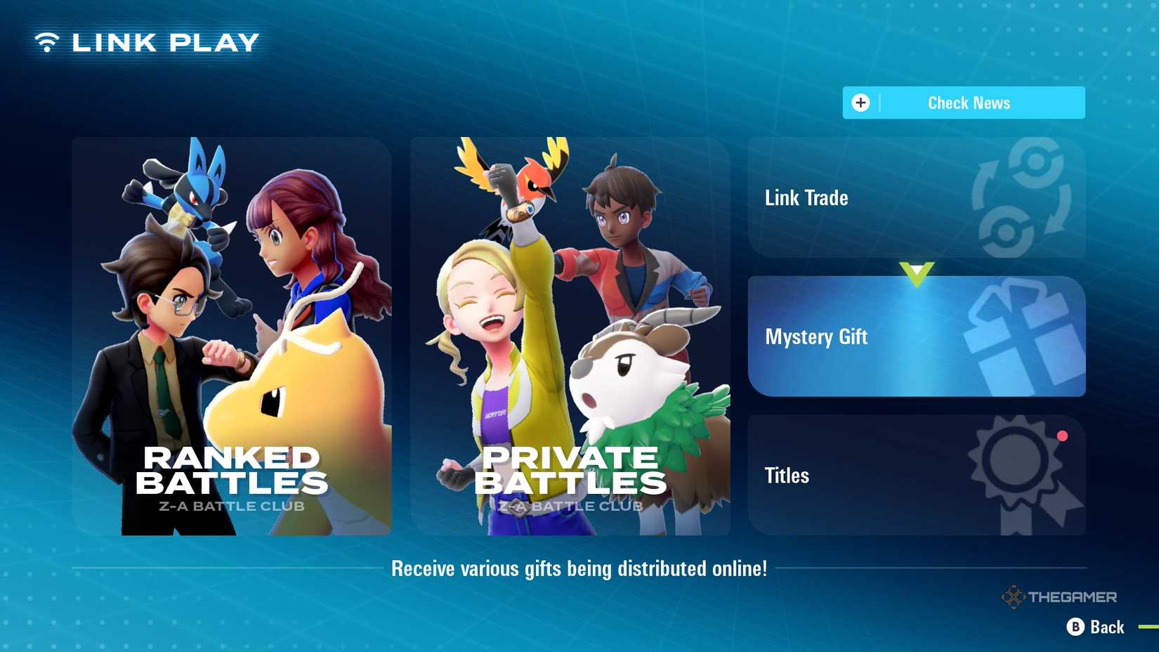 A opção de presente misterioso no menu do Pokémon Legends ZA.